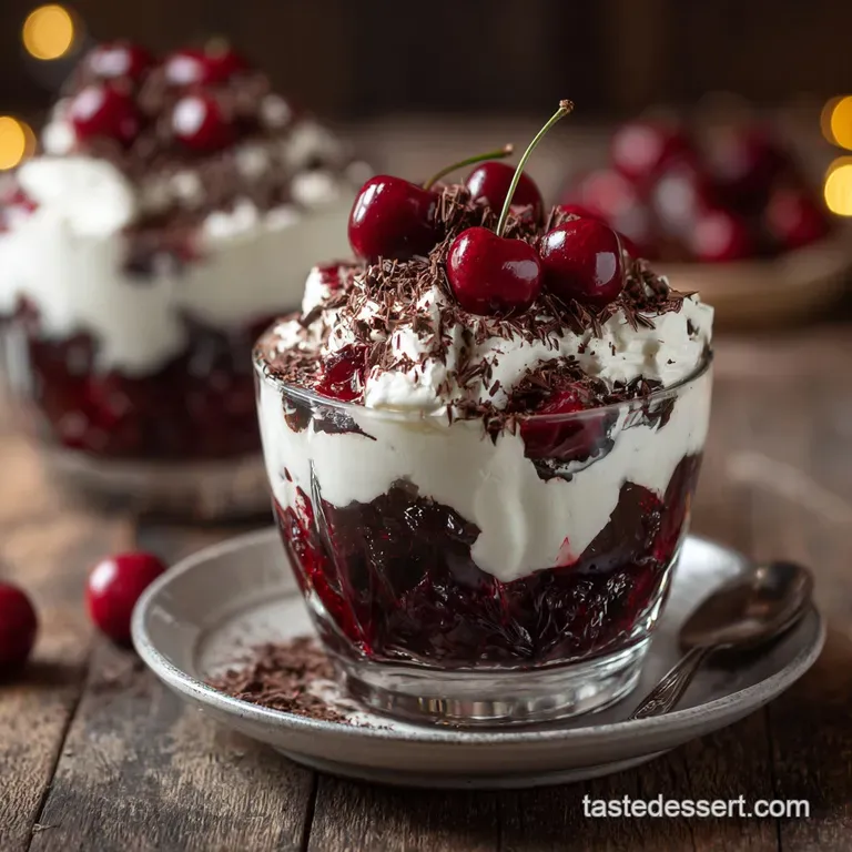 Elegant Black Forest trifle served in a stemmed glass. Layers of moist chocolate cake, fluffy cream, & bright red cherries.