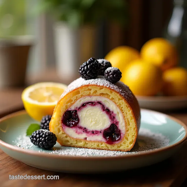 The Summer Garden Blackberry Lemon Swiss Roll presentation