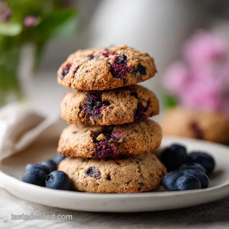 A stack of slightly golden cookies, showcasing the deep blue berries, rests on a clean white plate.