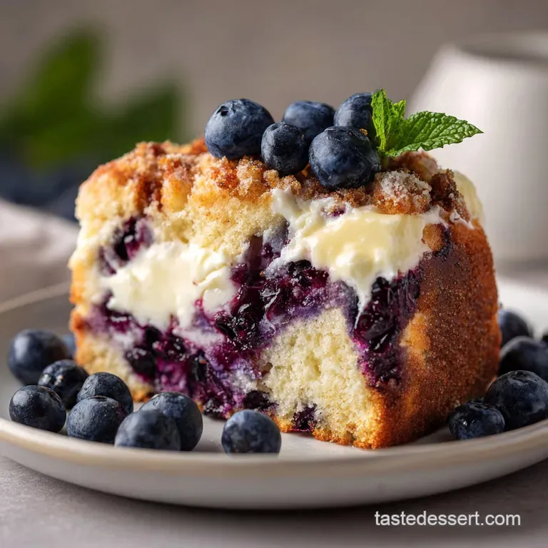 A slice of blueberry coffee cake on a white plate, powdered sugar dusting, fresh berries on the side. Inviting, home-baked...
