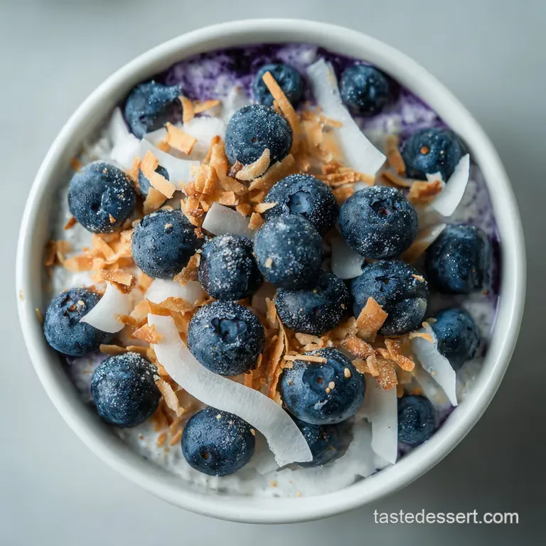 Elegant parfait glass filled with layers of creamy blueberry oats, topped with coconut crunch and fresh blueberries.