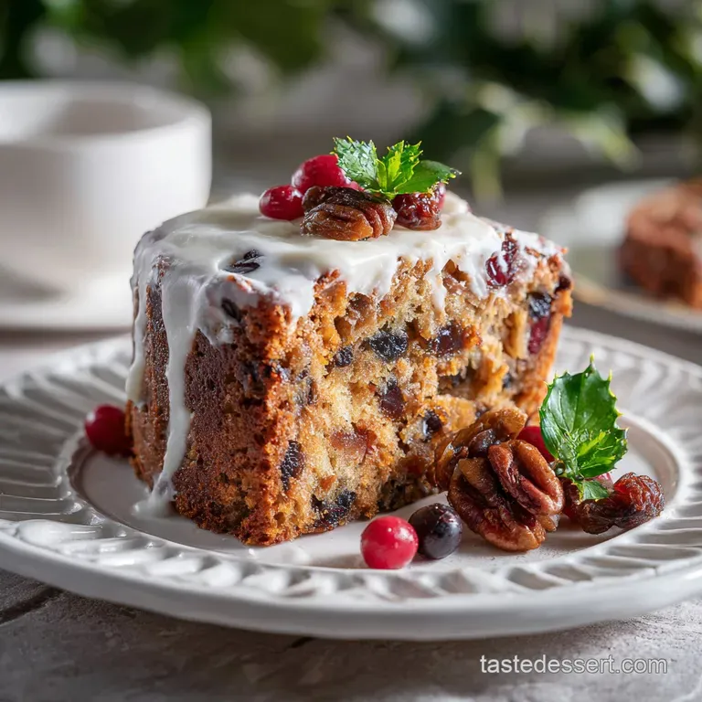 Individual slice of boozy fruitcake on a white plate, garnished with sugared cranberries and a sprig of rosemary. Elegant ...