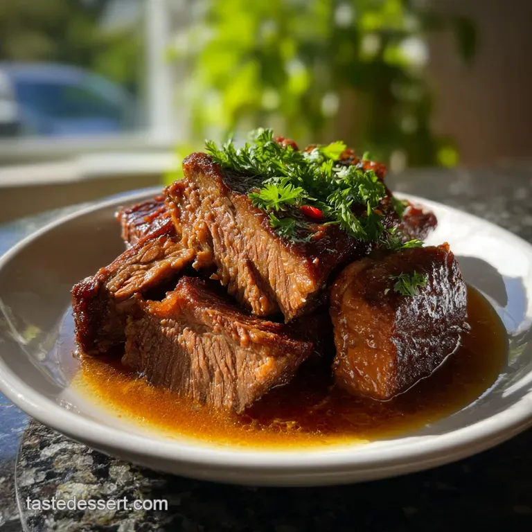 Elegant plate with succulent slices of brisket, vibrant carrots, and potatoes arranged artfully, showcasing tender textures.