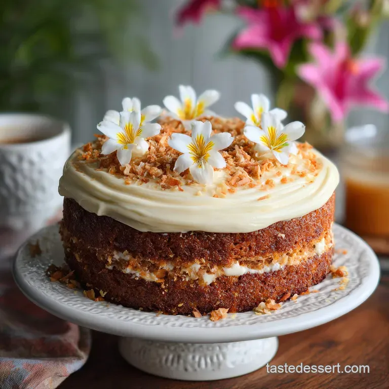 Slice of moist carrot cake with rich chocolate glaze cascading down; dusted with powdered sugar on a white plate.