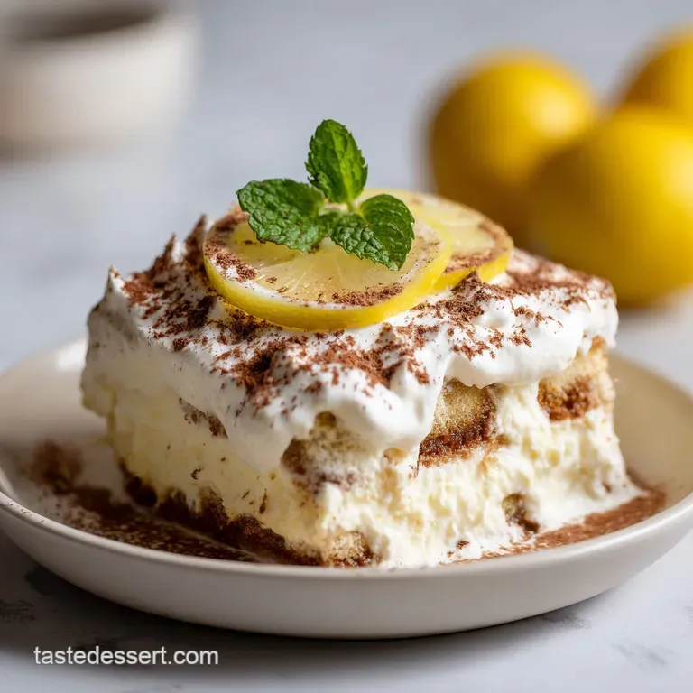 Elegant slice of lemon tiramisu on a white plate. The creamy layers contrast beautifully with vibrant lemon zest garnish.