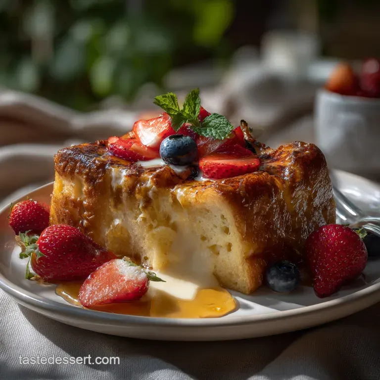 A single portion of French toast bake, elegantly plated, with a drizzle of maple syrup and a vibrant strawberry garnish.