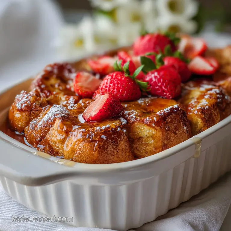 A single portion of French toast casserole, plated with fresh whipped cream, strawberries, and a sprig of mint for a touch...