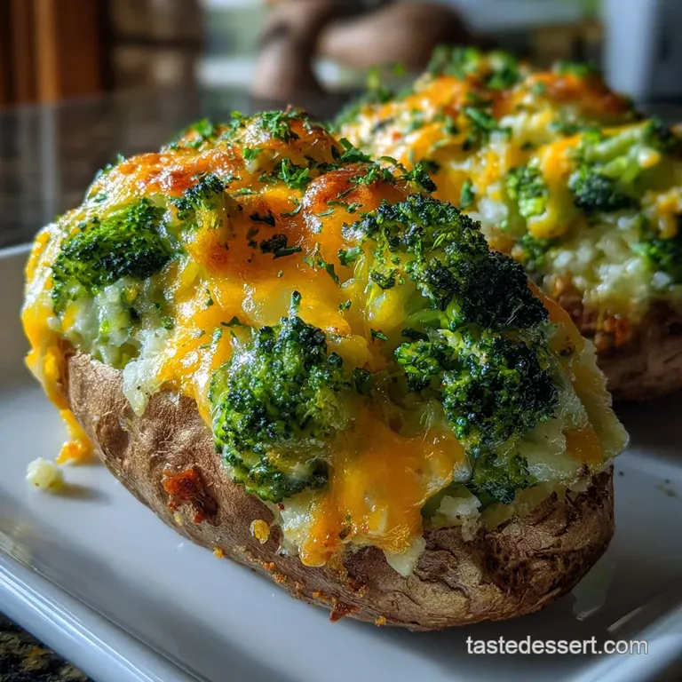 Crisp potato skin cradles cheesy broccoli filling. Garnished with fresh herbs, a comforting and elegant single serving.