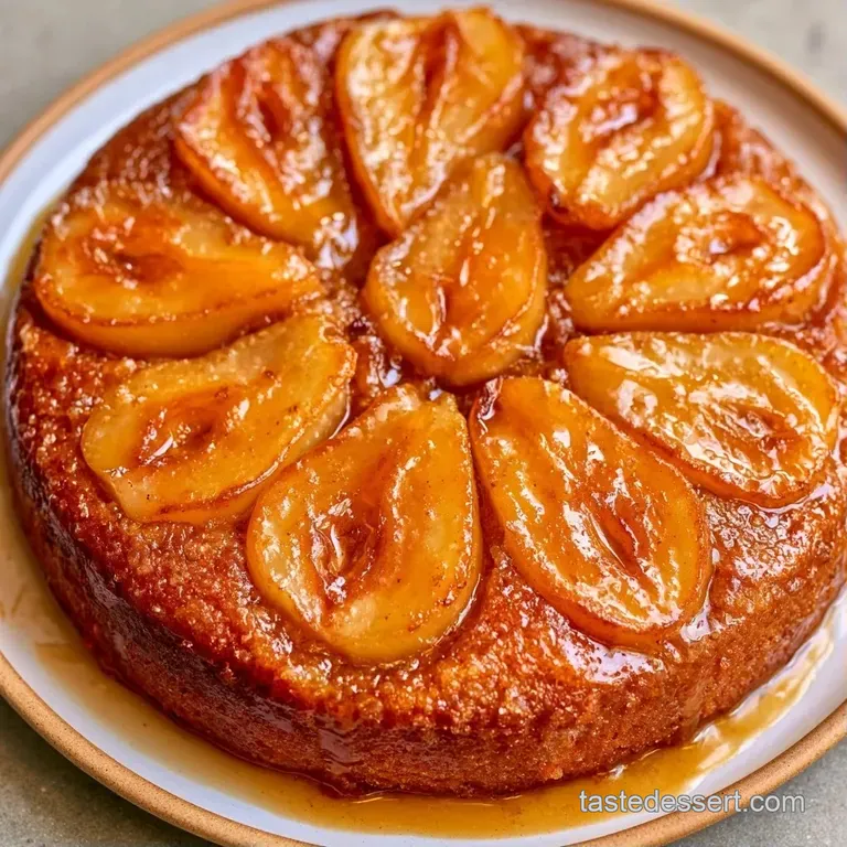 A moist slice of golden sponge cake topped with tender pear slices on a white plate with a swirl of whipped cream