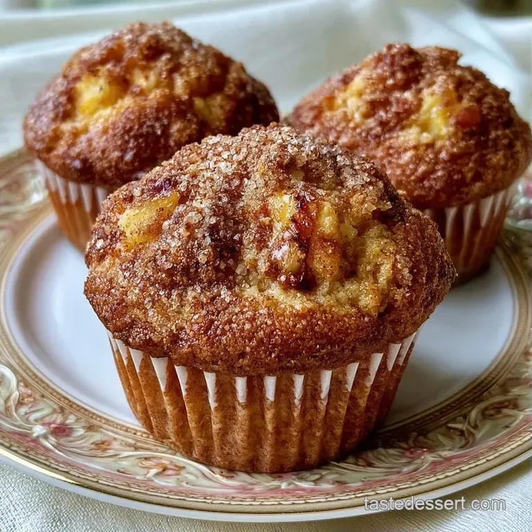 Three warm, golden cakes stacked on a ceramic plate with a drizzle of syrup and a sprinkle of cinnamon sugar.