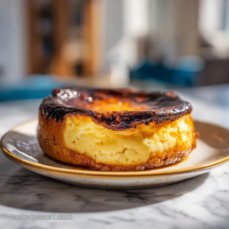 Slice of jiggly, golden cheesecake on a white plate, dusted with powdered sugar, showcasing its imperfect, rustic beauty.