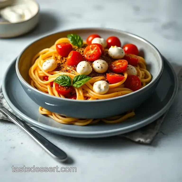 Burst Cherry Tomato & Bocconcini Pasta with Basil Pesto presentation
