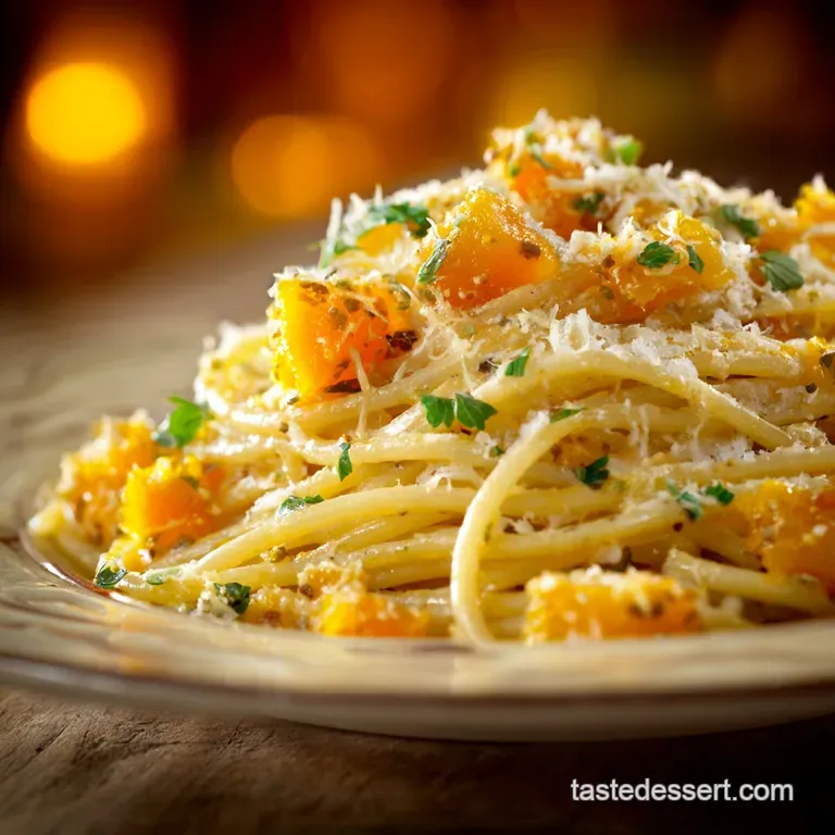 Spaghetti with Butternut Squash Leek Parmesan Sauc: Velvety Autumn Gold presentation