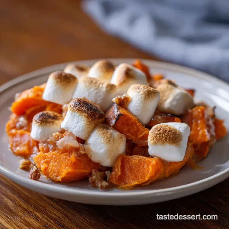A scoop of creamy sweet potato casserole, adorned with perfectly browned, toasted marshmallows.