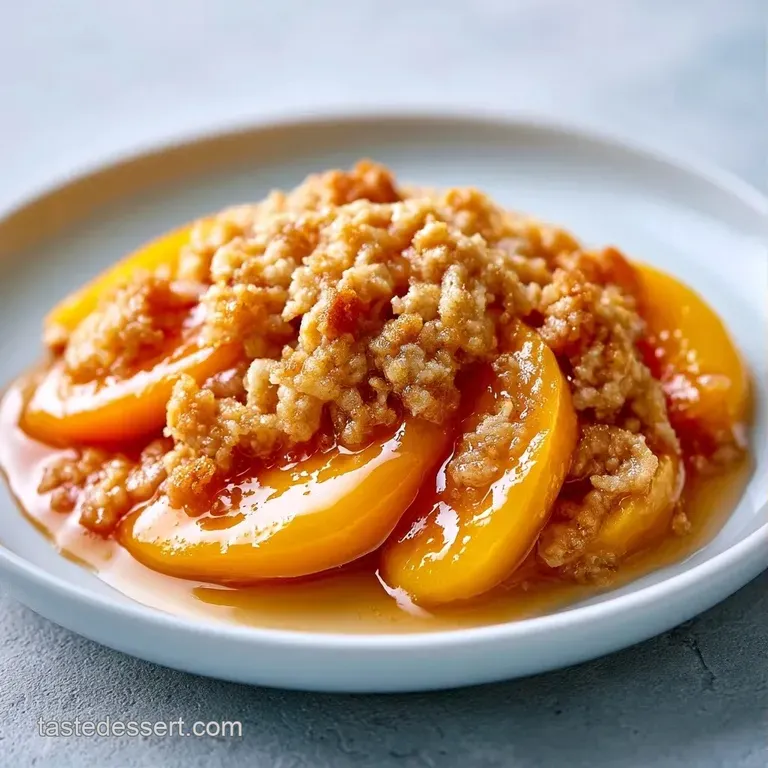 A slice of warm fruit crumble on a white ceramic plate topped with a melting scoop of creamy vanilla bean ice cream.