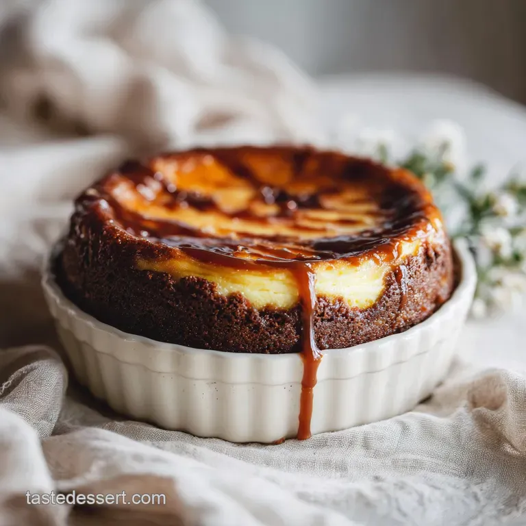 A slice of velvety cheesecake with a thick brownie base, drizzled with glossy caramel.