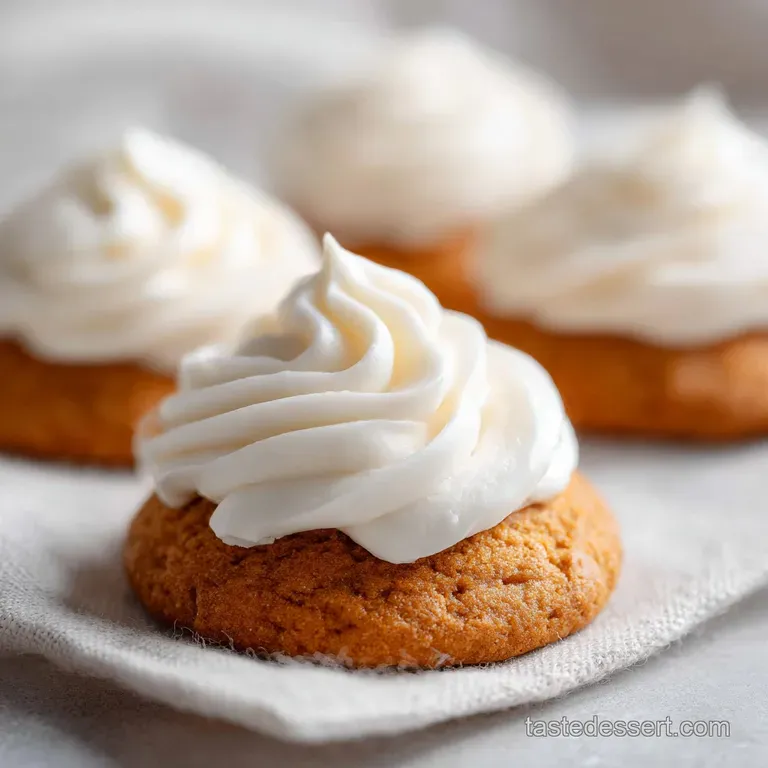 Golden-orange cookies with thick white frosting swirls, elegantly stacked on a white plate next to a coffee cup.