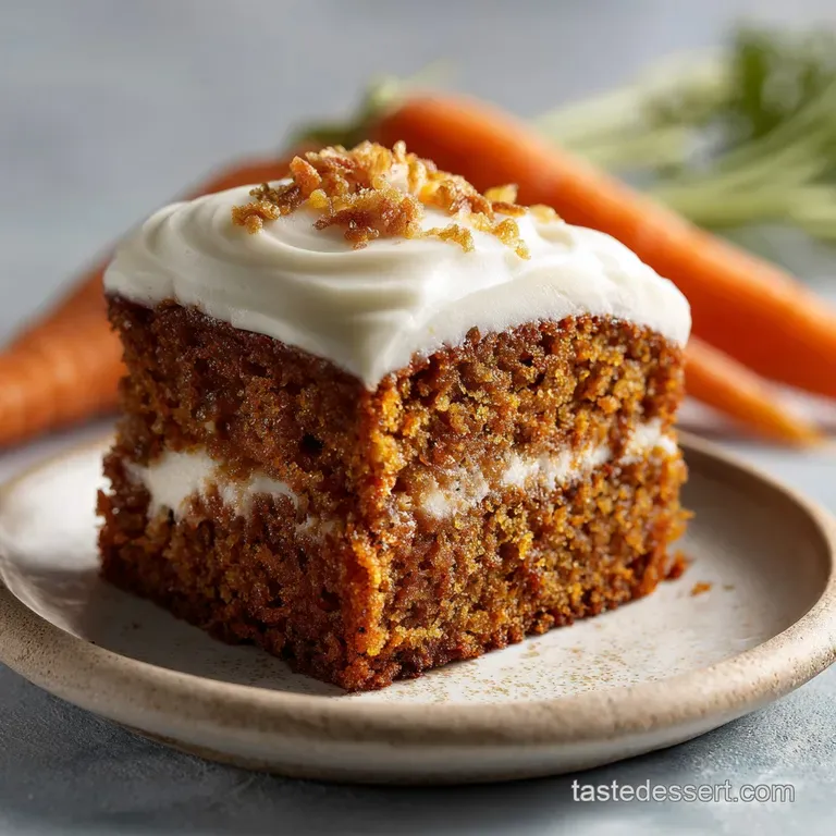 Slice of spiced carrot cake with cream cheese frosting, walnuts, and a dusting of cinnamon on a white plate.
