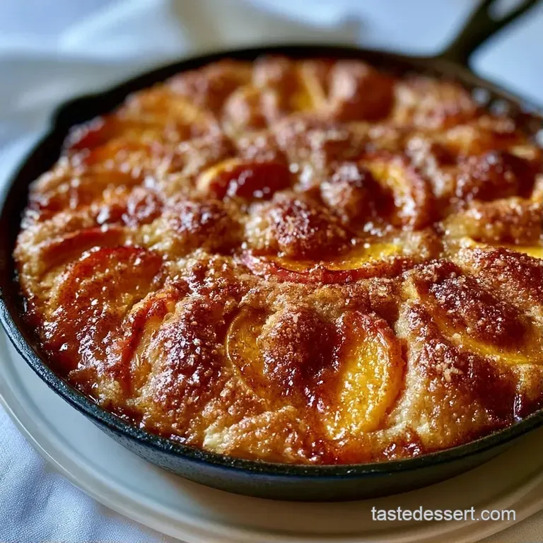 Warm golden cobbler slice on a white plate with a dollop of melting cream and a drizzle of amber peach syrup.