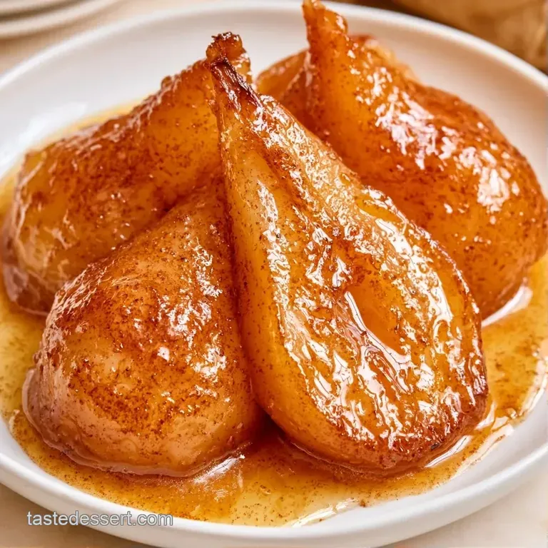 Two tender, golden-brown pears standing upright in a pool of spiced syrup on a minimalist white ceramic plate.