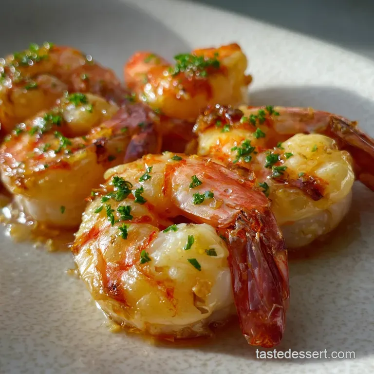 Elegant plate featuring plump shrimp with a shimmering glaze, garnished with herbs, set against a dark, moody background.