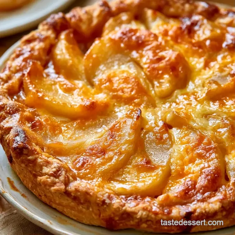 A slice of golden savory tart with melted cheese and tender pears on a white plate beside a linen napkin.