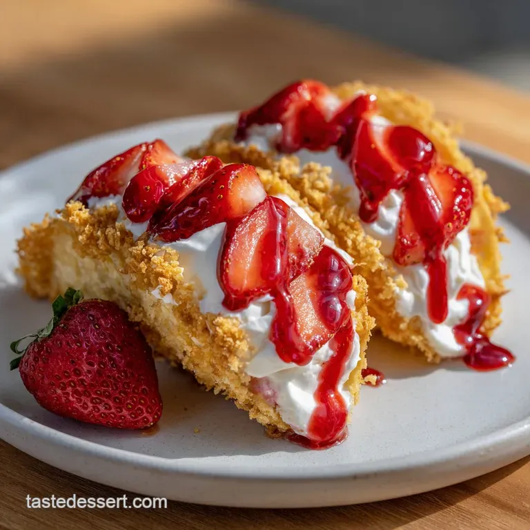 A strawberry cheesecake taco stands upright on a plate, filling exposed, dusted with powdered sugar. Mint sprig garnish.