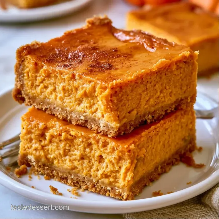 A square of creamy orange dessert on a white plate, topped with a whipped cream swirl and a pinch of cinnamon.