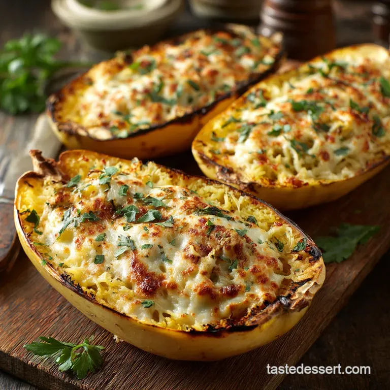 Cheesy Baked Spaghetti Squash Boats with Grilled C: Creamy Ricotta Spinach Filling presentation