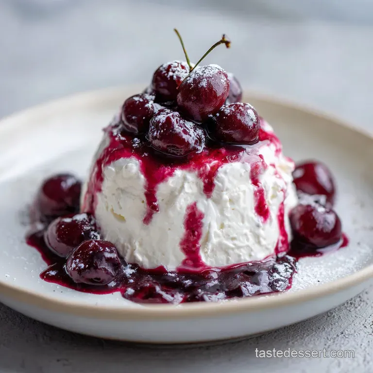 Elegant swirls of light pink dip in a glass bowl, accented by bright red cherries and neatly arranged graham crackers on a...
