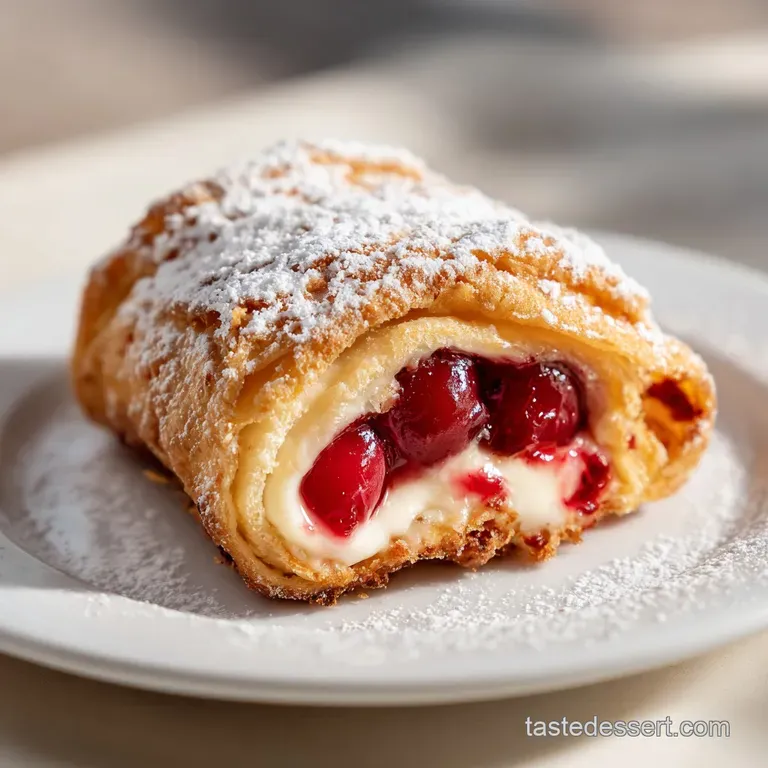 Three golden egg rolls artfully arranged on a white plate, cherry sauce swirls, powdered sugar dusting, and fresh mint gar...