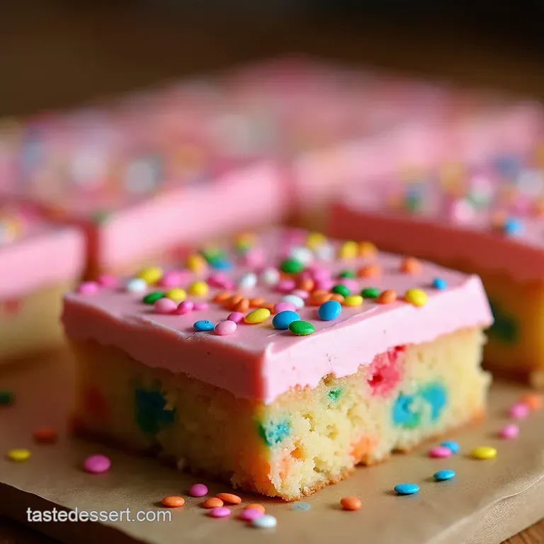 The Ultimate Confetti Carnival Chewy Funfetti Sugar Cookie Bars with Classic Pink Frosting presentation
