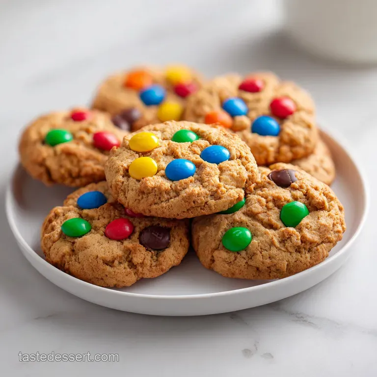 A neat stack of chewy cookies with vibrant candy shells and melted chocolate on a minimalist white ceramic plate.