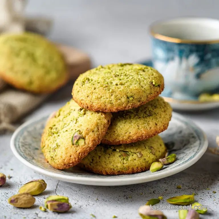 Close-up of stacked pistachio cookies, their chewy texture visible, accented by coarsely chopped nuts and a delicate dusti...