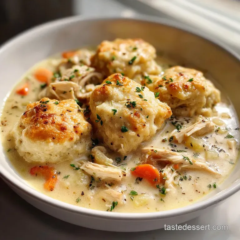 Elegant plate of chicken and dumplings, fluffy biscuit tops browned perfectly, creamy sauce glistening, a sprig of fresh t...