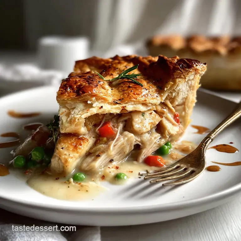 Slice of chicken pie with a golden, crispy top, showcasing a creamy filling with visible chunks of chicken and colorful ve...