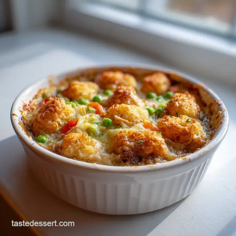 A scoop of bubbling pot pie, rich with chicken and vegetables, on a white plate.