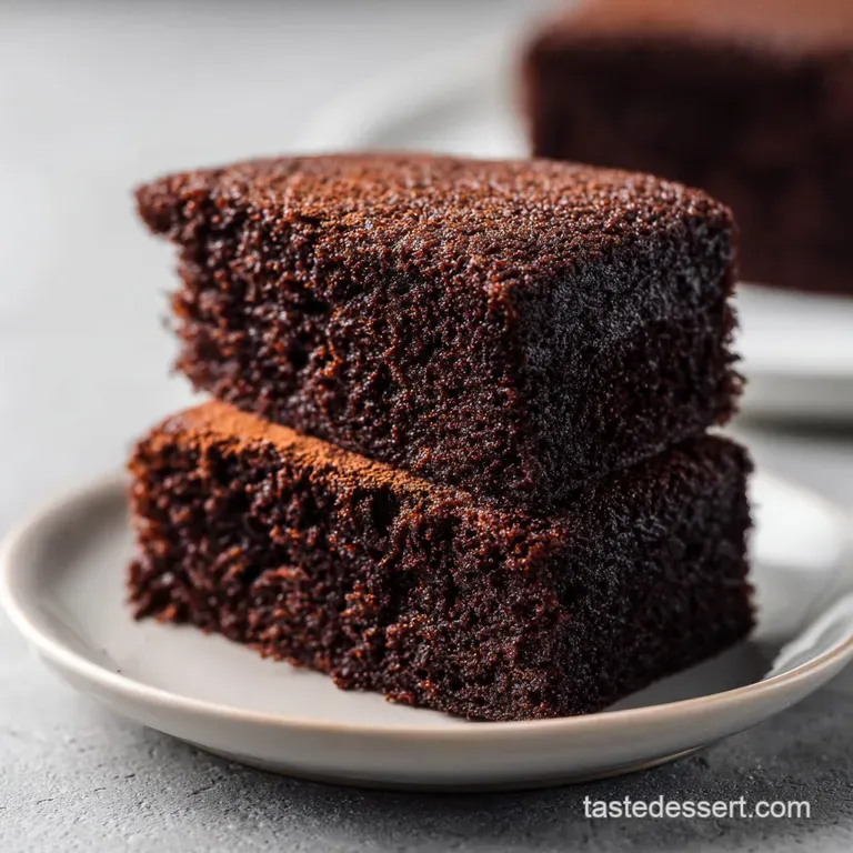 Two deep brown cake slices on white plates, finished with a swirl of white cream and a dusting of cocoa.