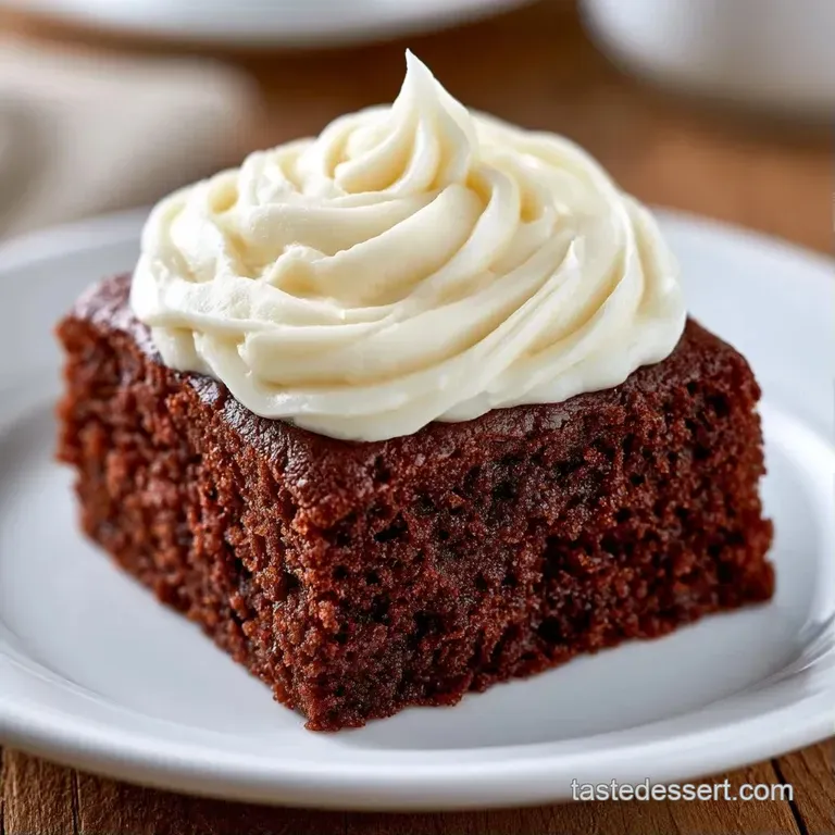 A slice of dark brown cake topped with smooth white icing on a ceramic plate, garnished with a fresh mint leaf.