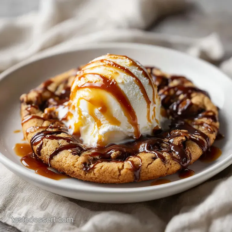 Slice of chocolate caramel cookie pizza on a plate, showcasing the soft, chewy texture and rich, dark chocolate against th...