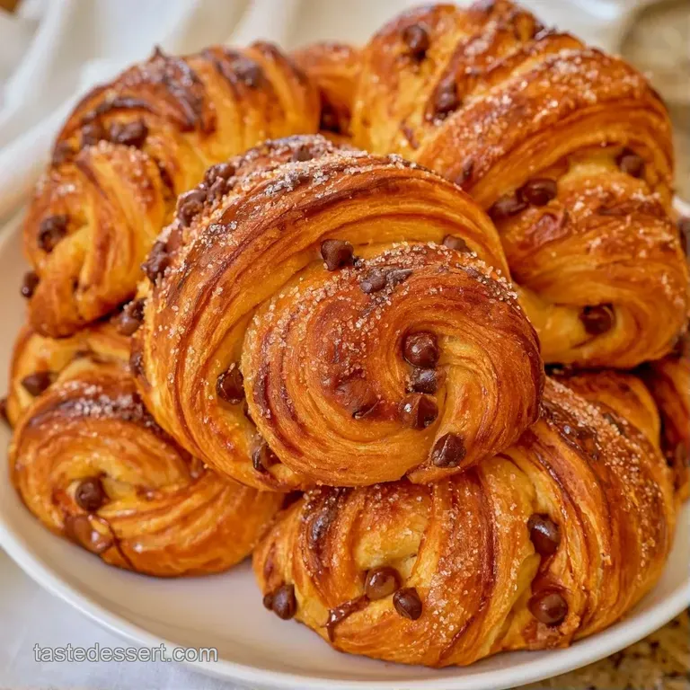 Flaky, golden pastry crescents arranged on a white platter, showcasing a glossy egg wash and melted dark chocolate.