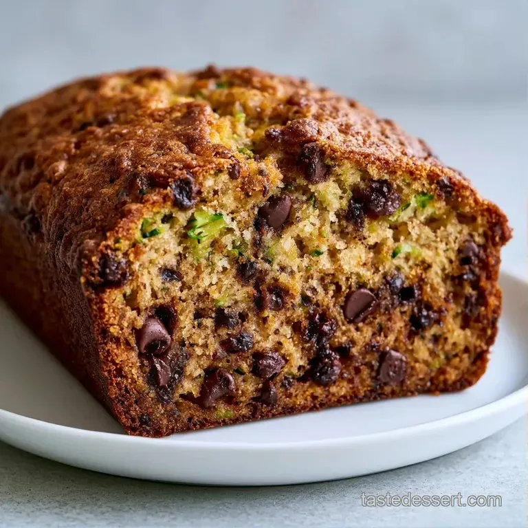 A thick, moist slice of dark golden cake with melted chocolate chips served on a white plate beside a linen napkin.