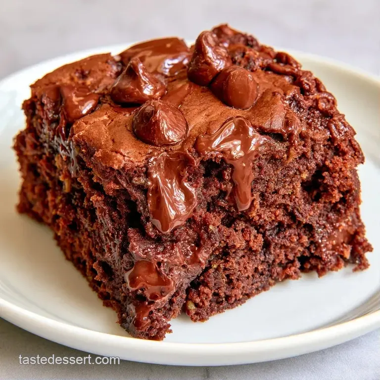 A precise slice of moist brown cake featuring melted chocolate chips, plated on a minimalist white ceramic dish
