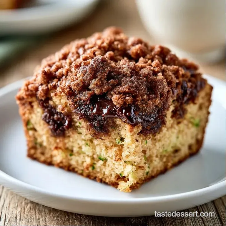 A slice of golden cake with cinnamon streaks on a white plate beside a steaming cup of coffee and a linen napkin.