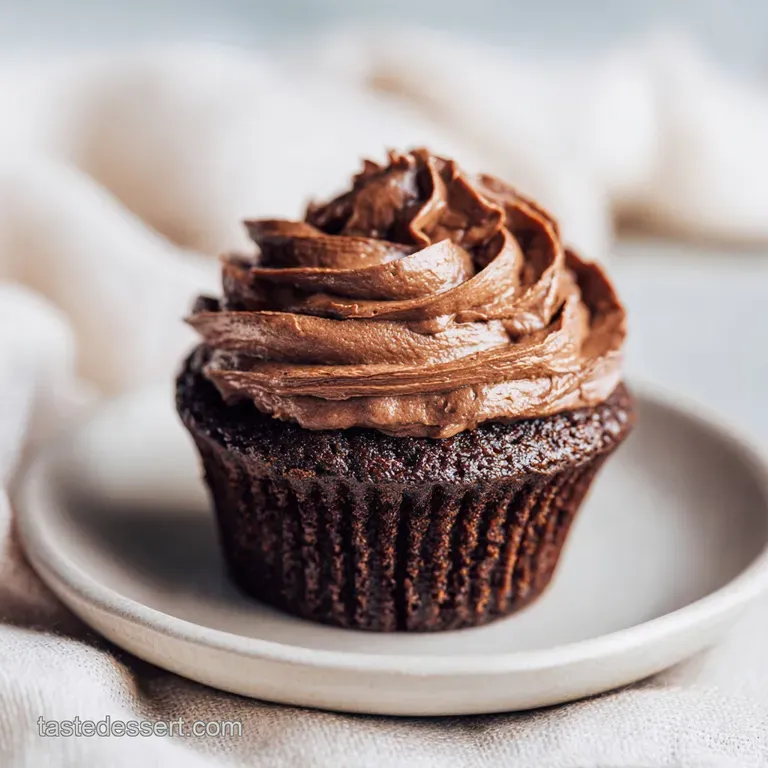 Elegant dollop of chocolate cream cheese frosting piped onto a vanilla cupcake, sprinkled with cocoa powder. Soft, sweet i...