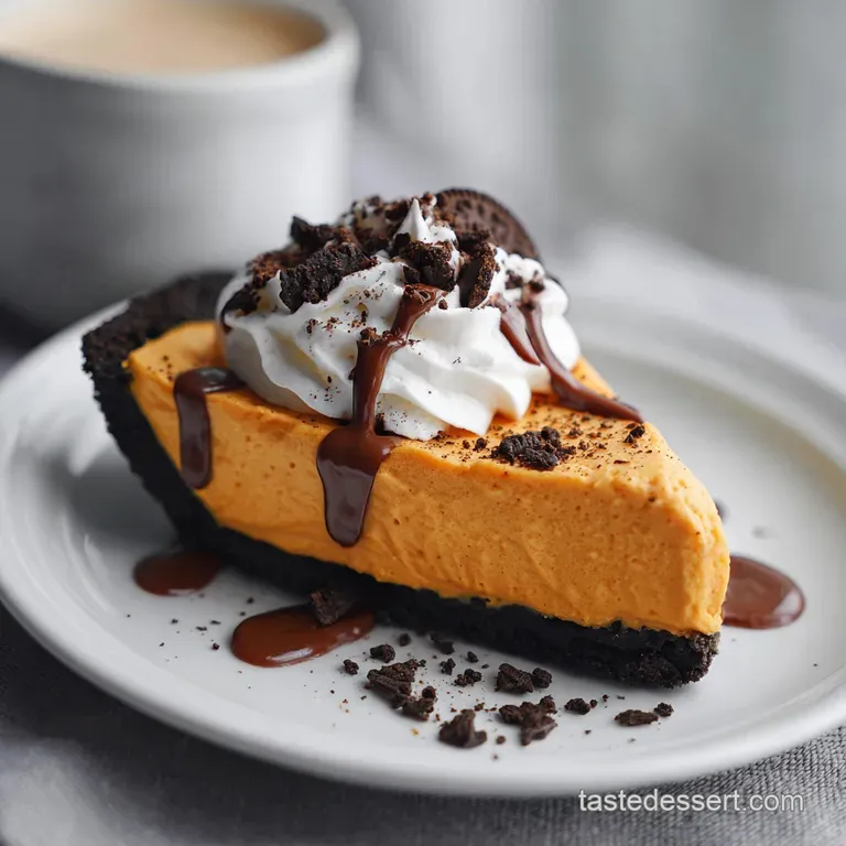 Slice of rich, layered pumpkin pie, showing Oreo crust and chocolatey topping, on a white plate, inviting and delicious.