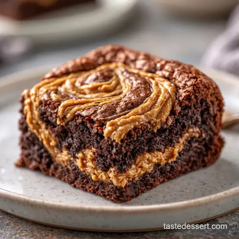 A square of dark fudgy cake topped with a peanut butter drizzle, served on a white plate with a dusting of cocoa.