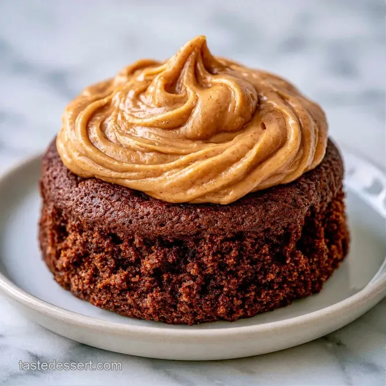 A precise square of dark chocolate cake topped with smooth beige frosting on a white plate with a side of berries.