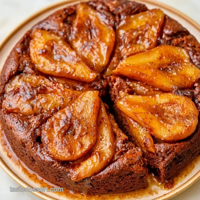 A slender slice of dark cocoa cake on a white plate, topped with a pear slice and a dollop of whipped cream.