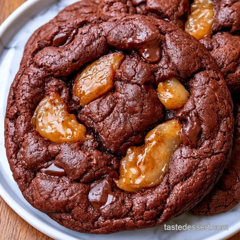 A stack of dark brown cookies on a white ceramic plate, drizzled with caramel and topped with a slice of pear.